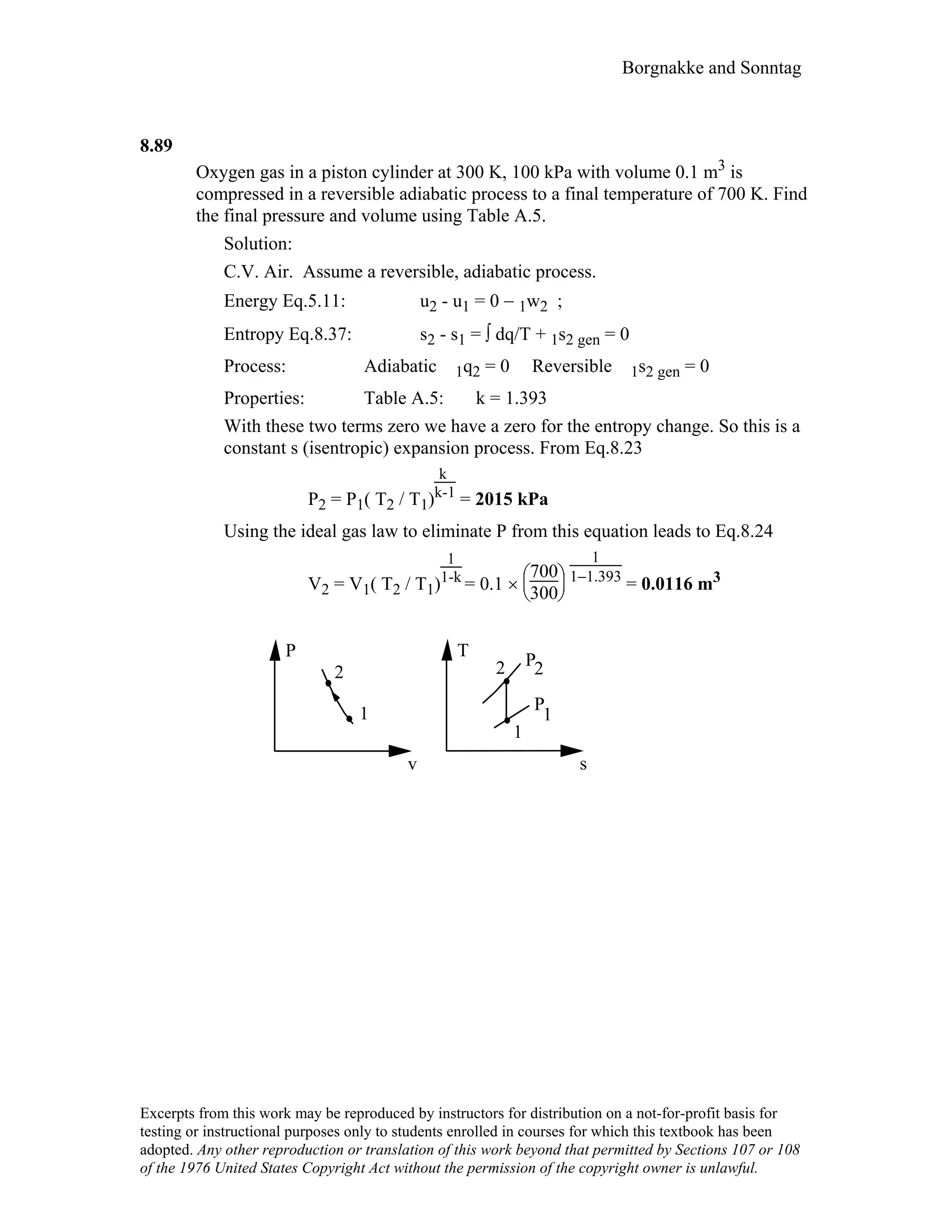 Borgnakke and Sonntag
8.89
Oxygen gas in a piston cylinder at 300 K, 100 kPa with volume 0.1 m3 is
compressed in a reversible adiabatic process to a final temperature of 700 K. Find
the final pressure and volume using Table A.5.
Solution:
C.V. Air. Assume a reversible, adiabatic process.
Energy Eq.5.11: u2 - u1 = 0 − 1w2 ;
Entropy Eq.8.37: s2 - s1 = ∫ dq/T + 1s2 gen = 0
Process: Adiabatic 1q2 = 0 Reversible 1s2 gen = 0
Properties: Table A.5: k = 1.393
With these two terms zero we have a zero for the entropy change. So this is a
constant s (isentropic) expansion process. From Eq.8.23
P2 = P1( T2 / T1)
k
k-1
= 2015 kPa
Using the ideal gas law to eliminate P from this equation leads to Eq.8.24
V2 = V1( T2 / T1)
1
1-k
= 0.1 ×





700
300
1
1−1.393
= 0.0116 m3
P
v
1
1
T
s
1
P
P
222
Excerpts from this work may be reproduced by instructors for distribution on a not-for-profit basis for
testing or instructional purposes only to students enrolled in courses for which this textbook has been
adopted. Any other reproduction or translation of this work beyond that permitted by Sections 107 or 108
of the 1976 United States Copyright Act without the permission of the copyright owner is unlawful.
 