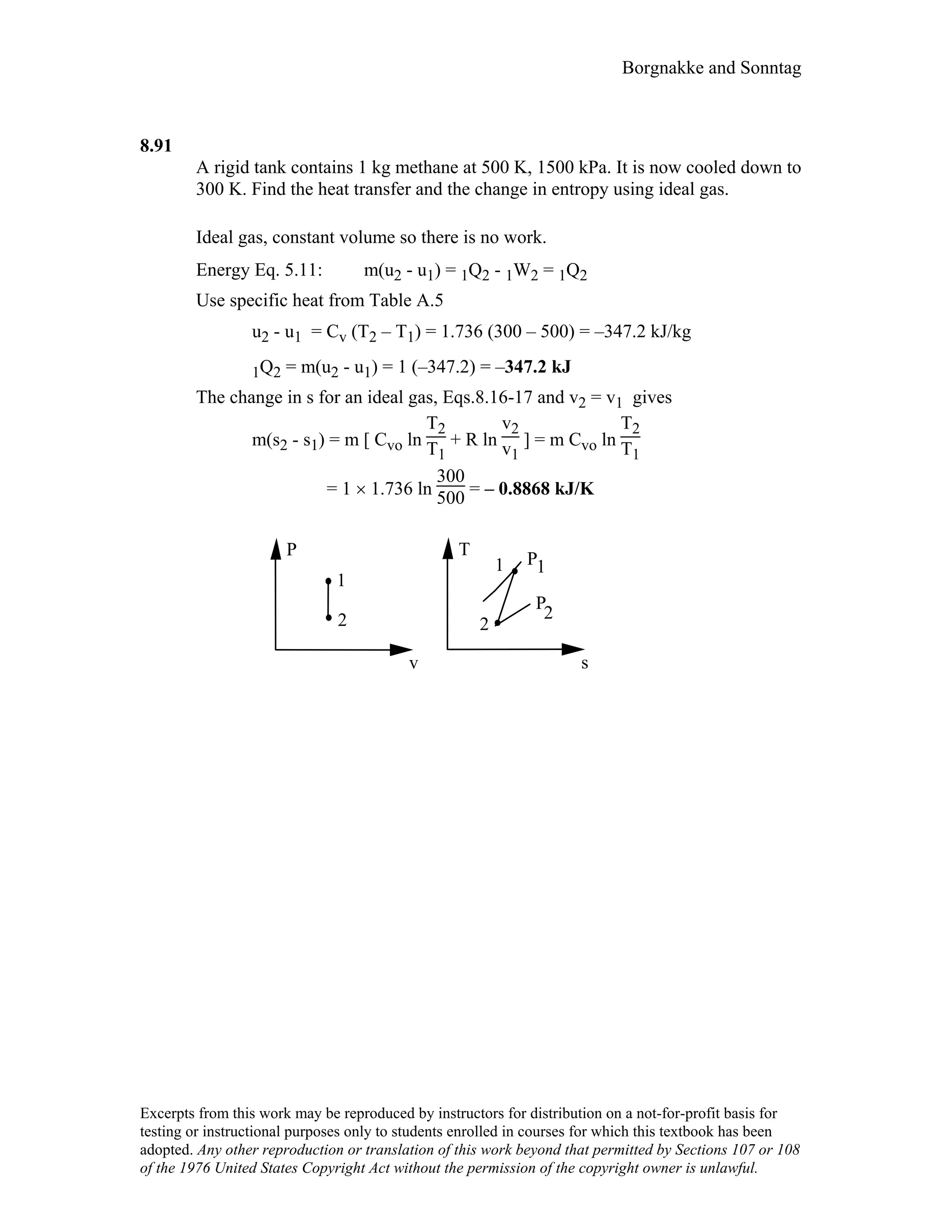 Borgnakke and Sonntag
8.91
A rigid tank contains 1 kg methane at 500 K, 1500 kPa. It is now cooled down to
300 K. Find the heat transfer and the change in entropy using ideal gas.
Ideal gas, constant volume so there is no work.
Energy Eq. 5.11: m(u2 - u1) = 1Q2 - 1W2 = 1Q2
Use specific heat from Table A.5
u2 - u1 = Cv (T2 – T1) = 1.736 (300 – 500) = –347.2 kJ/kg
1Q2 = m(u2 - u1) = 1 (–347.2) = –347.2 kJ
The change in s for an ideal gas, Eqs.8.16-17 and v2 = v1 gives
m(s2 - s1) = m [ Cvo ln
T2
T1
+ R ln
v2
v1
] = m Cvo ln
T2
T1
= 1 × 1.736 ln
300
500 = – 0.8868 kJ/K
P
v
1
1
T
s
1P
P
2
22
Excerpts from this work may be reproduced by instructors for distribution on a not-for-profit basis for
testing or instructional purposes only to students enrolled in courses for which this textbook has been
adopted. Any other reproduction or translation of this work beyond that permitted by Sections 107 or 108
of the 1976 United States Copyright Act without the permission of the copyright owner is unlawful.
 