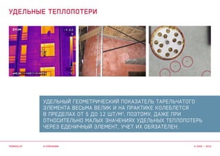 Удельный геометрический показатель тарельчатого
элемента весьма велик и на практике колеблется
в пределах от 5 до 12 шт/м2
, Поэтому, даже при
относительно малых значениях удельных теплопотерь
через еденичный элемент, учет их обязателен.
о компании
удельные теплопотери
termoclip © 2003 – 2015
 