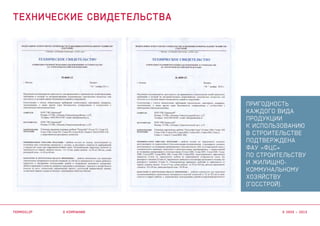 Пригодность
каждого вида
продукции
к использованию
в строительстве
подтверждена
ФАУ «ФЦС»
по строительству
и жилищно-
коммунальному
хозяйству
(ГОССТРОЙ).
о компании
технические свидетельства
termoclip © 2003 – 2015
 