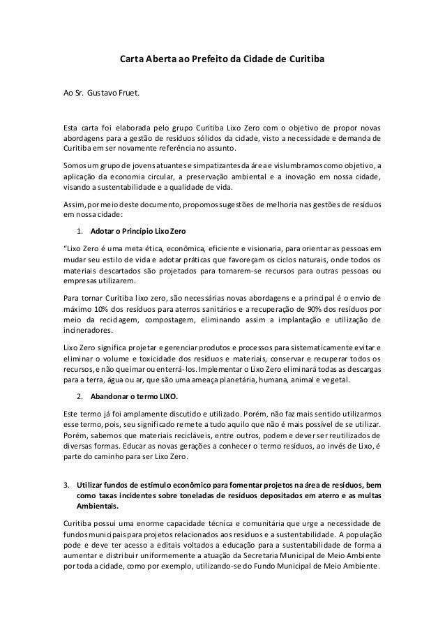 Carta Aberta Prefeito de Curitiba Gustavo Fruet