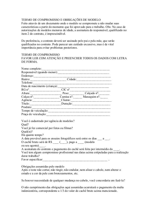 Termo de compromisso e obrigações de modelo Termo de compromisso e obrigações de modelo