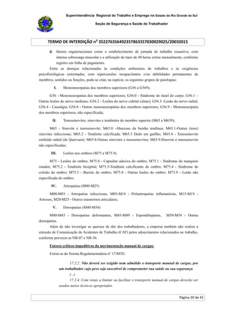 Superintendência Regional do Trabalho e Emprego no Estado do Rio Grande do Sul
Seção de Segurança e Saúde do Trabalhador
TERMO DE INTERDIÇÃO no
352276356492357863357030029025/20032015
Página 20 de 41
d. fatores organizacionais como o estabelecimento de jornada de trabalho exaustiva, com
intensa sobrecarga muscular e a utilização de mais de 40 horas extras mensalmente, conforme
registro em folha de pagamento.
Entre as doenças relacionadas às condições ambientais de trabalhos e às exigências
psicofisiológicas extremadas, com repercussões incapacitantes e/ou debilidades permanentes de
membros, sentidos ou funções, pode-se citar, na espécie, os seguintes grupos de patologias:
I. Mononeuropatias dos membros superiores (G56 a G569);
G56 - Mononeuropatias dos membros superiores; G56.0 - Síndrome do túnel do carpo; G56.1 –
Outras lesões do nervo mediano; G56.2 - Lesões do nervo cubital (ulnar); G56.3 -Lesão do nervo radial;
G56.4 - Causalgia; G56.8 - Outras mononeuropatias dos membros superiores; G56.9 - Mononeuropatia
dos membros superiores, não especificada;
II. Tenossinovites, sinovites e tendinites do membro superior (M65 a M659);
M65 - Sinovite e tenossinovite; M65.0 -Abscesso da bainha tendínea; M65.1-Outras (teno)
sinovites infecciosas; M65.2 - Tendinite calcificada; M65.3 Dedo em gatilho; M65.4 - Tenossinovite
estilóide radial (de Quervain); M65.8-Outras sinovites e tenossinovites; M65.9-Sinovite e tenossinovite
não especificadas;
III. Lesões nos ombros (M75 a M75.9).
M75 - Lesões do ombro; M75.0 - Capsulite adesiva do ombro; M75.1 - Síndrome do manguito
rotador; M75.2 - Tendinite bicepital; M75.3-Tendinite calcificante do ombro; M75.4 - Síndrome de
colisão do ombro; M75.5 - Bursite do ombro; M75.8 - Outras lesões do ombro; M75.9 - Lesão não
especificada do ombro;
IV. Artropatias (M00-M25)
M00-M03 - Artropatias infecciosas, M05-M14 - Poliartropatias inflamatórias, M15-M19 -
Artroses, M20-M25 - Outros transtornos articulares;
V. Dorsopatias (M40-M54)
M40-M43 - Dorsopatias deformantes, M45-M49 - Espondilopatias, M50-M54 - Outras
dorsopatias.
Além de não investigar as queixas de dor dos trabalhadores, a empresa também não realiza a
emissão de Comunicação de Acidentes de Trabalho (CAT) pelos adoecimentos relacionados ao trabalho,
conforme preveem as NR-07 e NR-36.
Fatores críticos impeditivos da movimentação manual de cargas:
Extrai-se da Norma Regulamentadora nº 17/MTE:
17.2.2. Não deverá ser exigido nem admitido o transporte manual de cargas, por
um trabalhador cujo peso seja suscetível de comprometer sua saúde ou sua segurança.
(...)
17.2.4. Com vistas a limitar ou facilitar o transporte manual de cargas deverão ser
usados meios técnicos apropriados.
 
