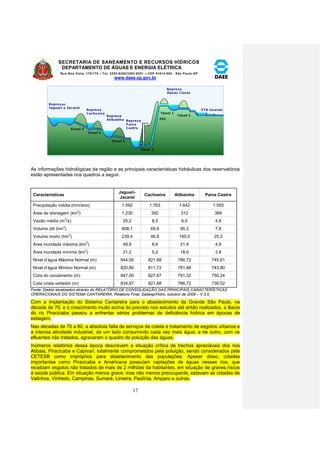 SECRETARIA DE SANEAMENTO E RECURSOS HÍDRICOS 
DEPARTAMENTO DE ÁGUAS E ENERGIA ELÉTRICA 
Rua Boa Vista, 170/175 – Tel. 3293-8200/3293-8201 – CEP 01014-000 - São Paulo-SP 
www.daee.sp.gov.br 
17 
As informações hidrológicas da região e as principais características hidráulicas dos reservatórios 
estão apresentadas nos quadros a seguir. 
Características 
Jaguari- 
Jacareí 
Cachoeira Atibainha Paiva Castro 
Precipitação média (mm/ano) 1.592 1.763 1.642 1.593 
Área de drenagem (km2) 1.230 392 312 369 
Vazão média (m3/s) 25,2 8,5 6,0 4,6 
Volume útil (hm3) 808,1 69,8 95,3 7,6 
Volume morto (hm3) 239,4 46,8 195,0 25,3 
Área inundada máxima (km2) 49,6 8,6 21,9 4,6 
Área inundada mínima (km2) 21,2 5,2 18,0 3,8 
Nível d’água Máxima Normal (m) 844,00 821,88 786,72 745,61 
Nível d’água Mínimo Normal (m) 820,80 811,72 781,88 743,80 
Cota do coroamento (m) 847,00 827,67 791,32 750,24 
Cota crista vertedor (m) 834,97 821,88 786,72 739,02 
Fonte: Dados atualizados através do RELATÓRIO DE CONSOLIDAÇÃO DAS PRINCIPAIS CARACTERÍSTICAS 
OPERACIONAIS DO SISTEMA CANTAREIRA, Relatório Final, Sabesp/Hidro, outubro de 2009 – V 3.0. 
Com a implantação do Sistema Cantareira para o abastecimento da Grande São Paulo, na 
década de 70, e o crescimento muito acima do previsto nos estudos até então realizados, a Bacia 
do rio Piracicaba passou a enfrentar sérios problemas de deficiência hídrica em épocas de 
estiagem. 
Nas décadas de 70 a 80, a absoluta falta de serviços de coleta e tratamento de esgotos urbanos e 
a intensa atividade industrial, de um lado consumindo cada vez mais água, e de outro, com os 
efluentes não tratados, agravaram o quadro de poluição das águas. 
Inúmeros relatórios dessa época descrevem a situação crítica de trechos apreciáveis dos rios 
Atibaia, Piracicaba e Capivari, totalmente comprometidos pela poluição, sendo considerados pela 
CETESB como impróprios para abastecimento das populações. Apesar disso, cidades 
importantes como Piracicaba e Americana possuíam captações de águas nesses rios, que 
recebiam esgotos não tratados de mais de 2 milhões da habitantes, em situação de graves riscos 
à saúde pública. Em situação menos grave, mas não menos preocupante, estavam as cidades de 
Valinhos, Vinhedo, Campinas, Sumaré, Limeira, Paulínia, Amparo e outras. 
 
