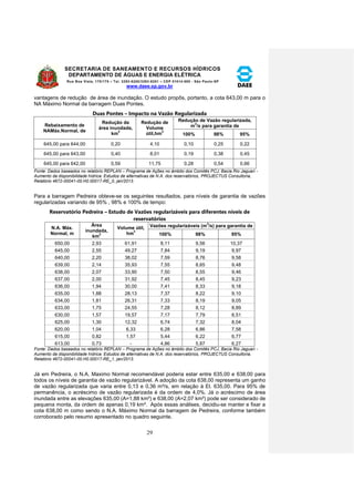 SECRETARIA DE SANEAMENTO E RECURSOS HÍDRICOS 
DEPARTAMENTO DE ÁGUAS E ENERGIA ELÉTRICA 
Rua Boa Vista, 170/175 – Tel. 3293-8200/3293-8201 – CEP 01014-000 - São Paulo-SP 
www.daee.sp.gov.br 
29 
vantagens de redução de área de inundação. O estudo propôs, portanto, a cota 643,00 m para o 
NA Máximo Normal da barragem Duas Pontes. 
Duas Pontes – Impacto na Vazão Regularizada 
Rebaixamento de 
NAMáx.Normal, de 
Redução da 
área inundada, 
km2 
Redução de 
Volume 
útil,hm3 
Redução de Vazão regularizada, 
m3/s para garantia de 
100% 98% 95% 
645,00 para 644,00 0,20 4,10 0,10 0,25 0,22 
645,00 para 643,00 0,40 8,01 0,19 0,38 0,45 
645,00 para 642,00 0,59 11,75 0,28 0,54 0,66 
Fonte: Dados baseados no relatório REPLAN – Programa de Ações no âmbito dos Comitês PCJ, Bacia Rio Jaguari - 
Aumento da disponibilidade hídrica: Estudos de alternativas de N.A. dos reservatórios, PROJECTUS Consultoria, 
Relatório 4672-00041-00.H0.00017-RE_0, jan/2013. 
Para a barragem Pedreira obteve-se os seguintes resultados, para níveis de garantia de vazões 
regularizadas variando de 95% , 98% e 100% de tempo: 
Reservatório Pedreira – Estudo de Vazões regularizáveis para diferentes níveis de 
reservatórios 
N.A. Máx. 
Normal, m 
Área 
inundada, 
km2 
Volume útil, 
hm3 
Vazões regularizáveis (m3/s) para garantia de 
100% 98% 95% 
650,00 2,93 61,91 8,11 9,56 10,37 
645,00 2,55 49,27 7,84 9,19 9,97 
640,00 2,20 38,02 7,59 8,76 9,58 
639,00 2,14 35,93 7,55 8,65 9,48 
638,00 2,07 33,90 7,50 8,55 9,46 
637,00 2,00 31,92 7,45 8,45 9,23 
636,00 1,94 30,00 7,41 8,33 9,18 
635,00 1,88 28,13 7,37 8,22 9,10 
634,00 1,81 26,31 7,33 8,19 9,05 
633,00 1,75 24,55 7,28 8,12 8,89 
630,00 1,57 19,57 7,17 7,79 8,51 
625,00 1,30 12,32 6,74 7,32 8,04 
620,00 1,04 6,33 6,28 6,86 7,58 
615,00 0,82 1,57 5,44 6,22 6,77 
613,00 0,73 - 4,86 5,87 6,27 
Fonte: Dados baseados no relatório REPLAN – Programa de Ações no âmbito dos Comitês PCJ, Bacia Rio Jaguari - 
Aumento da disponibilidade hídrica: Estudos de alternativas de N.A. dos reservatórios, PROJECTUS Consultoria, 
Relatório 4672-00041-00.H0.00017-RE_1, jan/2013. 
Já em Pedreira, o N.A. Maximo Normal recomendável poderia estar entre 635,00 e 638,00 para 
todos os níveis de garantia de vazão regularizável. A adoção da cota 638,00 representa um ganho 
de vazão regularizada que varia entre 0,13 e 0,36 m³/s, em relação à El. 635,00. Para 95% de 
permanência, o acréscimo de vazão regularizada é da ordem de 4,0%. Já o acréscimo de área 
inundada entre as elevações 635,00 (A=1,88 km²) e 638,00 (A=2,07 km²) pode ser considerado de 
pequena monta, da ordem de apenas 0,19 km². Após essas análises, decidiu-se manter e fixar a 
cota 638,00 m como sendo o N.A. Máximo Normal da barragem de Pedreira, conforme também 
corroborado pelo resumo apresentado no quadro seguinte. 
 