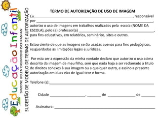 TERMO DE AUTORIZAÇÃO DE USO DE IMAGEM
Eu__________________________________________________, responsável
por ___________________________________________________________,
autorizo o uso de imagens em trabalhos realizados pela escola (NOME DA
ESCOLA), pelo (a) professor(a) ______________________________________,
para fins educativos, em relatórios, seminários, sites e outros.
Estou ciente de que as imagens serão usadas apenas para fins pedagógicos,
resguardadas as limitações legais e jurídicas.
Por esta ser a expressão da minha vontade declaro que autorizo o uso acima
descrito da imagem de meu filho, sem que nada haja a ser reclamado a título
de direitos conexos à sua imagem ou a qualquer outro, e assino a presente
autorização em duas vias de igual teor e forma.
Telefone (s):_____________________________________________________
Cidade __________________. _______ de ______________ de _______
Assinatura: ___________________________________________________
SUGESTÃODEMODELODETERMODEAUTORIZAÇÃO
 