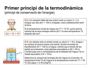 Primer principi de la termodinàmica (principi de conservació de l’energia) E14.  Un recipient aïllat del seu entorn amb un volum V = 3 L d’aigua cau des de h = 100 m d’alçada i xoca inelàsticament amb el terra. Si la temperatura inicial de l’aigua era T1 = 15 ºC, quina serà la variació de la seva energia interna  ΔU? I la seva temperatura T2 després del xoc? E15.  Un cilindre amb un èmbol conté un volum V = 10 L d’aigua i es col·loca el conjunt sobre una estufa. Durant el procés es transfereixen Q1 = 100 kJ a l‘aigua, mentre que a través de les parets es produeixen unes pèrdues equivalents a Q2 = 25 kJ. L’èmbol puja com a conseqüència de la dilatació de l’aigua i fa un treball equivalent a W = 15 kJ. Determina la variació de l’energia  ΔU de l’aigua en el procés i la temperatura final T2 de l’aigua si la temperatura inicial era T1 = 18 ºC (Ce aigua = 4,18 kJ/kgºC) Δ U = Q + W 