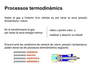 Processos termodinàmics Sobre el gas a l’interior d’un cilindre es pot variar la seva pressió, temperatura i volum. En la transformació el gas pot variar la seva energia interna: D’acord amb les condicions de variació de volum, pressió i temperatura, poden donar-se els processos termodinàmics següents:  processos  isobàrics   processos  isocors   processos  isotèrmics   processos  adiabàtics rebre o perdre calor, o realitzar o absorvir un treball 