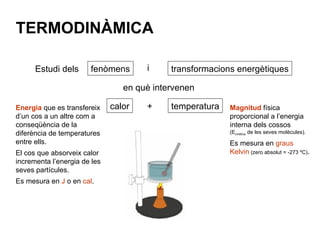 TERMODINÀMICA   calor temperatura transformacions energètiques en què intervenen Estudi dels fenòmens i Energia  que es transfereix d’un cos a un altre com a conseqüència de la diferència de temperatures entre ells. El cos que absorveix calor incrementa l’energia de les seves partícules. Es mesura en  J  o en  cal . Magnitud  física proporcional a l’energia interna dels cossos (E cinètica  de les seves molècules). Es mesura en  graus  Kelvin  (zero absolut = -273 ºC) . + 