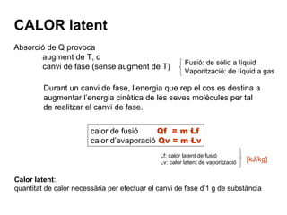 Durant un canvi de fase, l’energia que rep el cos es destina a augmentar l’energia cinètica de les seves molècules per tal de realitzar el canvi de fase.  Calor latent :  quantitat de calor necessària per efectuar el canvi de fase d’1 g de substància CALOR latent Absorció de Q provoca augment de T, o canvi de fase (sense augment de T) Fusió: de sòlid a líquid Vaporització: de líquid a gas calor de fusió   Qf  = m·Lf calor d’evaporació  Qv = m·Lv Lf: calor latent de fusió Lv: calor latent de vaporització [kJ/kg] 