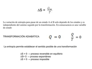 ∆ S = La variación de entropía para pasar de un estado A al B solo depende de los estados y es independiente del camino seguido por la transformación. En consecuencia es una variable de estado TRANSFORMACIÓN ADIABÁTICA La entropía permite establecer el sentido posible de una transformación ∆ S = 0 -> proceso reversible en equilibrio ∆ S> 0 -> proceso espontáneo ∆ S < 0 -> proceso imposible 