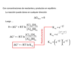 Con concentraciones de reactantes y productos en equilibrio: La reacción puede darse en cualquier dirección Luego … Reestructurando 
