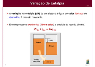 Variação de Entalpia
                                                                             Prof. Nunes




     A variação na entalpia (∆H) de um sistema é igual ao calor liberado ou
     absorvido,
     absorvido à pressão constante
                         constante.


     Em um processo exotérmico (libera calor a entalpia da reação diminui.
                                libera calor)
                           Zn(s) + I2(s) → ZnI2 (s)




15                                                                           DQOI - UFC
 