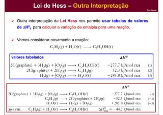 Lei de Hess – Outra Interpretação
                                                                         Prof. Nunes




       Outra interpretação da Lei Hess nos permite usar tabelas de valores
       de ∆H0f para calcular a variação de entalpia para uma reação
                                                             reação.


       Vamos considerar novamente a reação:



     valores tabelados




60                                                                       DQOI - UFC
 