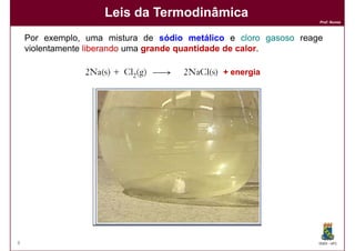 Leis da Termodinâmica
                                                                  Prof. Nunes



    Por exemplo, uma mistura de sódio metálico e cloro gasoso reage
    violentamente liberando uma grande quantidade de calor.
                                                     calor

                                             + energia




8                                                                 DQOI - UFC
 