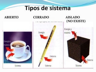 Tipos de sistema
ABIERTO     CERRADO     AISLADO
                        (NO EXISTE)
 