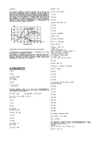 a inicial.                                                 b) ÐU = 21J.
57. (Ufscar 2003) O gráfico mostra um ciclo de um          16. W = 52 x 10§ J.
fascinante fenômeno cuja explicação ainda desafia a
física, a sonoluminescência: o volume de uma bolha de      17. [C]
gás imersa num fluido é drasticamente reduzido devido à
ação de uma onda sonora que se propaga nesse fluido e,
ao atingir seu valor mínimo, a bolha emite um "flash" de   18. [A]
luz. Logo em seguida, o volume da bolha oscila
ligeiramente e o ciclo recomeça. Cada ciclo dá origem a
um "flash" de alguns picossegundos - os ciclos podem-se    19. [C]
repetir muitas vezes, permitindo a observação do
fenômeno durante alguns minutos.
                                                           20. 02 + 04 + 08 = 14
                                                           21. [D]
                                                           22. [E]
                                                           23. [A]
                                                           24. a) P = 40 MW
                                                           b) Ðš = 3°C
                                                           25. a) P = 125 kW
                                                           b) V = 5 . 10£ kg/s
                                                           c) R = 16,7 %
                                                           26. Q = + ÐU = 0
                                                            + ÐU = 0
(Adaptado de www.dawnlink.ltd.uk/sl/report.html)           249 + (3/2).R.ÐT = 0
                                                           249 + (3/2).8,3.[T - (60 + 273)] = 0
a) Determine, aproximadamente, a freqüência da onda        249 + 12,45.[T - (333)] = 0
sonora que se propaga no fluido.
b) Durante a contração de volume, a pressão interna do     12,45.[T - (333)] = - 249
gás contido na bolha aumenta de 1,0 . 10¤ Pa para 2,0 .    [T - (333)] = - 249/12,45
10© Pa, quando o volume da bolha chega a seu valor         T - 333 = - 20
mínimo, de cerca de 1,0 . 10¢£ m¤. Essa contração é        T = 333 - 20 = 313 K = 40 °C
adiabática ou isotérmica? Justifique.
                                                           27. [C]
                                                           28. 02 + 08 = 10
                                                           29. a) p½ = 1/4 atm = 0,25 atm
GABARITO                                                   b) T½ = 100 K
1. [C]                                                     30. [E]
2. [E]                                                     31. [A]
3. a) tÛ = 200s                                            32. [A]
b) t½ = 6s
c) = 810J                                                  33. [B]
4. [A]                                                     34. a) E(g) = 66,7% e E(a) = 70%.
                                                           b) T(f) = 810 K
5. a) a = 0,5 J
    g = 0,5 J                                              35. [D]
b) De acordo com a 1 Lei da Termodinâmica,                 36. [C]
fundamentada na conservação de energia, a quantidade de
calor absorvida pelo gás é:
                                                           37. [E]
Q = ÐU + gás            na qual ÐU = 3/2 P . ÐV
                                                           38. [A]
Q = 3/2 . 2 . 10¦ . 10¥ . 5 . 10£ + 1
Q = 2,5 J                                                  39. [A]
6. [C]                                                     40. [C]
7. [C]                                                     41. [B]
8. [A]                                                     42. [C]
9. a) 415J                                                 43. [E]
b) 10K ou 10°C
                                                           44. 80 J
10. 08 + 32 = 40
                                                           45. Q(tot) = W(tot) = 90 J.
11. [A]
                                                           46. a) ÐU = 1,3 × 10¥ J
12. [C]
                                                           b) t = 4.500 s
13. [B]
                                                           47. W(total) = W(ciclo) que é numericamente igual a área
                                                           do ciclo, ou seja, a área do paralelogramo = base
14. a) ÐE = 0                                              multiplicada pela altura.
b) T = 6J                                                  Assim:
                                                           (6V³ - 2V³ )( p‚ - p ) = 4V³(p‚ - p ).
15. a) Q = 30J.
                                                           48. 01 + 16 = 17
 