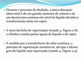  Durante o processo de ebulição, a única alteração
  observável é de um grande aumento de volume e de
  um decréscimo contínuo do nível de líquido devidos à
  transformação deste em vapor.

 A meio da linha de vaporização (estado 3, Figura 2-8),
 o cilindro contém partes iguais de líquido e de vapor.

 À medida que a transferência de calor continua, o
 processo de vaporização mantém-se, até que a última
 gota de líquido seja vaporizada (estado 4, Figura 2-9).
 
