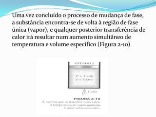 Uma vez concluído o processo de mudança de fase,
a substância encontra-se de volta à região de fase
única (vapor), e qualquer posterior transferência de
calor irá resultar num aumento simultâneo de
temperatura e volume específico (Figura 2-10)
 