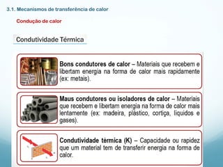 3.1. Mecanismos de transferência de calor
Condução de calor
 