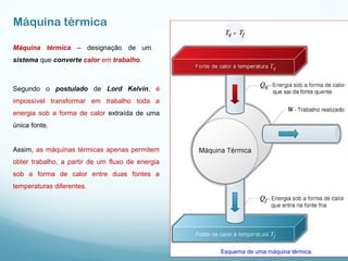 Máquina térmica
Máquina térmica – designação de um
sistema que converte calor em trabalho.
Segundo o postulado de Lord Kelvin, é
impossível transformar em trabalho toda a
energia sob a forma de calor extraída de uma
única fonte.
Assim, as máquinas térmicas apenas permitem
obter trabalho, a partir de um fluxo de energia
sob a forma de calor entre duas fontes a
temperaturas diferentes.
Esquema de uma máquina térmica.
 