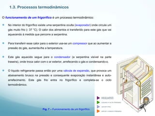 1.3. Processos termodinâmicos
O funcionamento de um frigorífico é um processo termodinâmico:
Fig. 7 – Funcionamento de um frigorífico.
 No interior do frigorífico existe uma serpentina oculta (evaporador) onde circula um
gás muito frio (- 37 °C). O calor dos alimentos é transferido para este gás que vai
aquecendo à medida que percorre a serpentina.
 Para transferir esse calor para o exterior usa-se um compressor que ao aumentar a
pressão do gás, aumenta-lhe a temperatura.
 Este gás aquecido segue para o condensador (a serpentina visível na parte
traseira), onde troca calor com o ar exterior, arrefecendo o gás e condensando-o.
 O líquido refrigerante passa então por uma válvula de expansão, que provoca um
abaixamento brusco na pressão e consequente evaporação instantânea e auto-
arrefecimento. Este gás frio entra no frigorífico e completa-se o ciclo
termodinâmico.
 