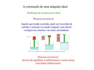 A construção de uma máquina ideal
Definição de um processo ideal.
Processo reversível.
Aquele que tendo ocorrido, pode ser invertido de
sentido e retornar ao estado original, sem deixar
vestígios no sistema e no meio circundante.
Processo reversível:
desvio do equilíbrio é infinitesimal e ocorre numa
velocidade infinitesimal.
 
