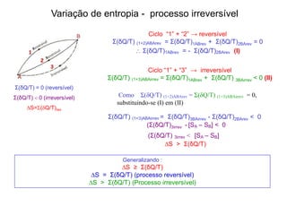 Ciclo “1” + “2” → reversível
Σ(δQ/T) (1+2)ABArev = Σ(δQ/T)1ABrev + Σ(δQ/T)2BArev = 0
 Σ(δQ/T)1ABrev = - Σ(δQ/T)2BArev (I)
Ciclo “1” + “3” → irreversível
Σ(δQ/T) (1+3)ABAirrev = Σ(δQ/T)1ABrev + Σ(δQ/T) 3BAirrev < 0 (II)
Σ(δQ/T) = 0 (reversível)
Σ(δQ/T)  0 (irreversível)
∆S=(Q/T)rev
Σ(δQ/T) (1+3)ABAirrev = Σ(δQ/T)3BAirrev - Σ(δQ/T)2BArev < 0
(Σ(δQ/T)3irrev - [SA – SB] < 0
(Σ(δQ/T) 3irrev < [SA – SB]
∆S > Σ(δQ/T)
Generalizando :
∆S ≥ Σ(δQ/T)
∆S = Σ(δQ/T) (processo reversível)
∆S > Σ(δQ/T) (Processo irreversível)
Variação de entropia - processo irreversível
Como Σ(δQ/T) (1+2)ABArev = Σ(δQ/T) (1+3)ABAirrev = 0,
substituindo-se (I) em (II)
 