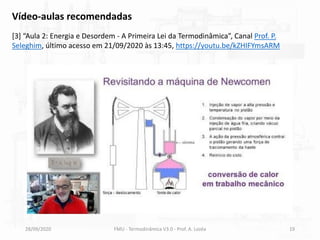 28/09/2020 FMU - Termodinâmica V3.0 - Prof. A. Lozéa 19
Vídeo-aulas recomendadas
[3] “Aula 2: Energia e Desordem - A Primeira Lei da Termodinâmica”, Canal Prof. P.
Seleghim, último acesso em 21/09/2020 às 13:45, https://youtu.be/kZHIFYmsARM
 