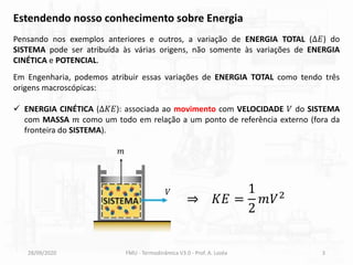 28/09/2020 FMU - Termodinâmica V3.0 - Prof. A. Lozéa 3
Estendendo nosso conhecimento sobre Energia
Pensando nos exemplos anteriores e outros, a variação de ENERGIA TOTAL (∆𝐸) do
SISTEMA pode ser atribuída às várias origens, não somente às variações de ENERGIA
CINÉTICA e POTENCIAL.
Em Engenharia, podemos atribuir essas variações de ENERGIA TOTAL como tendo três
origens macroscópicas:
✓ ENERGIA CINÉTICA (∆𝐾𝐸): associada ao movimento com VELOCIDADE 𝑉 do SISTEMA
com MASSA 𝑚 como um todo em relação a um ponto de referência externo (fora da
fronteira do SISTEMA).
𝑚
𝑉
⇒ 𝐾𝐸 =
1
2
𝑚𝑉2
 