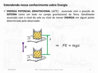 28/09/2020 FMU - Termodinâmica V3.0 - Prof. A. Lozéa 4
Estendendo nosso conhecimento sobre Energia
✓ ENERGIA POTENCIAL GRAVITACIONAL (∆𝑃𝐸): associada com a posição do
SISTEMA como um todo no campo gravitacional da Terra. Geralmente
associada com o nível do solo ou nível de menor ENERGIA em algum ponto
determinado pelo observador.
𝑧
𝑔 ⇒ 𝑃𝐸 = 𝑚𝑔𝑧
 