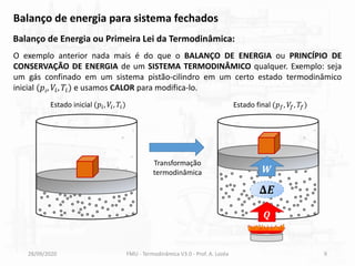 28/09/2020 FMU - Termodinâmica V3.0 - Prof. A. Lozéa 9
Balanço de energia para sistema fechados
Balanço de Energia ou Primeira Lei da Termodinâmica:
O exemplo anterior nada mais é do que o BALANÇO DE ENERGIA ou PRINCÍPIO DE
CONSERVAÇÃO DE ENERGIA de um SISTEMA TERMODINÂMICO qualquer. Exemplo: seja
um gás confinado em um sistema pistão-cilindro em um certo estado termodinâmico
inicial (𝑝𝑖, 𝑉𝑖, 𝑇𝑖) e usamos CALOR para modifica-lo.
Estado inicial (𝑝𝑖, 𝑉𝑖, 𝑇𝑖)
Transformação
termodinâmica
Estado final (𝑝𝑓, 𝑉𝑓, 𝑇𝑓)
𝑸
𝑾
𝚫𝑬
 