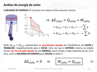 16/03/2021 FMU - Termodinâmica V3.0 - Prof. A. Lozéa 21
O BALANÇO DE ENERGIA (1ª Lei) para um sistema cíclico assume a forma:
Análise de energia de ciclos
⇒ ∆𝐸ciclo = 𝑄ciclo + 𝑊ciclo
Onde 𝑄ciclo e 𝑊ciclo representam as quantidades líquidas de transferência de CALOR e
TRABALHO, respectivamente para o CICLO. Uma vez que o SISTEMA retorna ao estado
inicial, não há variação líquida da sua ENERGIA, assim sendo, o lado esquerdo da Eq. (1) é
zero, assim o BALANÇO DE ENERGIA para CICLOS se reduz a:
𝑊ciclo = 𝑄ciclo
𝑝
𝑉
𝑊𝐶𝑖𝑐𝑙𝑜
𝑉1 𝑉2 𝑉3
𝑉4
𝑝1
𝑝2
𝑝3
𝑝4
∆𝐸ciclo = 0 ⇒ (1)
⇒ 𝑄ciclo = 𝑄12 + 𝑄23 + ⋯ = ෍ 𝑄
⇒ 𝑊ciclo = 𝑊12 + 𝑊23 + ⋯ = ෍ 𝑊
 