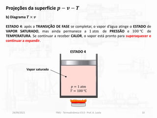 24/09/2021 FMU - Termodinâmica V3.0 - Prof. A. Lozéa 10
b) Diagrama 𝑻 × 𝒗
ESTADO 4: após a TRANSIÇÃO DE FASE se completar, o vapor d’água atinge o ESTADO de
VAPOR SATURADO, mas ainda permanece a 1 atm de PRESSÃO e 100 ℃ de
TEMPERATURA. Se continuar a receber CALOR, o vapor está pronto para superaquecer e
continuar a expandir.
Projeções da superfície 𝒑 − 𝒗 − 𝑻
ESTADO 4
Vapor saturado
𝑝 = 1 atm
𝑇 = 100 ℃
 