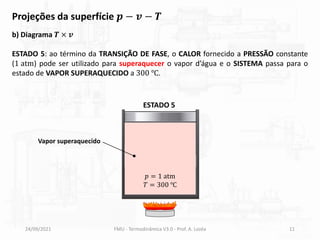 24/09/2021 FMU - Termodinâmica V3.0 - Prof. A. Lozéa 11
b) Diagrama 𝑻 × 𝒗
ESTADO 5: ao término da TRANSIÇÃO DE FASE, o CALOR fornecido a PRESSÃO constante
(1 atm) pode ser utilizado para superaquecer o vapor d’água e o SISTEMA passa para o
estado de VAPOR SUPERAQUECIDO a 300 ℃.
Projeções da superfície 𝒑 − 𝒗 − 𝑻
ESTADO 5
Vapor superaquecido
𝑝 = 1 atm
𝑇 = 300 ℃
 