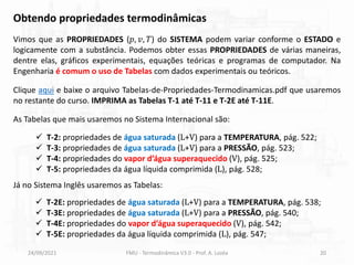 Obtendo propriedades termodinâmicas
Vimos que as PROPRIEDADES (𝑝, 𝑣, 𝑇) do SISTEMA podem variar conforme o ESTADO e
logicamente com a substância. Podemos obter essas PROPRIEDADES de várias maneiras,
dentre elas, gráficos experimentais, equações teóricas e programas de computador. Na
Engenharia é comum o uso de Tabelas com dados experimentais ou teóricos.
24/09/2021 FMU - Termodinâmica V3.0 - Prof. A. Lozéa 20
✓ T-2: propriedades de água saturada (L+V) para a TEMPERATURA, pág. 522;
✓ T-3: propriedades de água saturada (L+V) para a PRESSÃO, pág. 523;
✓ T-4: propriedades do vapor d’água superaquecido (V), pág. 525;
✓ T-5: propriedades da água líquida comprimida (L), pág. 528;
Já no Sistema Inglês usaremos as Tabelas:
✓ T-2E: propriedades de água saturada (L+V) para a TEMPERATURA, pág. 538;
✓ T-3E: propriedades de água saturada (L+V) para a PRESSÃO, pág. 540;
✓ T-4E: propriedades do vapor d’água superaquecido (V), pág. 542;
✓ T-5E: propriedades da água líquida comprimida (L), pág. 547;
As Tabelas que mais usaremos no Sistema Internacional são:
Clique aqui e baixe o arquivo Tabelas-de-Propriedades-Termodinamicas.pdf que usaremos
no restante do curso. IMPRIMA as Tabelas T-1 até T-11 e T-2E até T-11E.
 