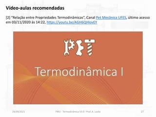 24/09/2021 FMU - Termodinâmica V3.0 - Prof. A. Lozéa 27
Vídeo-aulas recomendadas
[2] “Relação entre Propriedades Termodinâmicas”, Canal Pet Mecânica UFES, último acesso
em 03/11/2020 às 14:22, https://youtu.be/AGH6QHlovEY
 