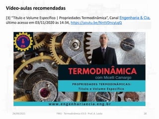 24/09/2021 FMU - Termodinâmica V3.0 - Prof. A. Lozéa 28
Vídeo-aulas recomendadas
[3] “Título e Volume Específico | Propriedades Termodinâmica”, Canal Engenharia & Cia,
último acesso em 03/11/2020 às 14:34, https://youtu.be/NntVDncyLqQ
 