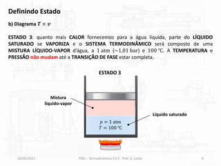 Definindo Estado
24/09/2021 FMU - Termodinâmica V3.0 - Prof. A. Lozéa 9
𝑝 = 1 atm
𝑇 = 100 ℃
Líquido saturado
b) Diagrama 𝑻 × 𝒗
ESTADO 3: quanto mais CALOR fornecemos para a água líquida, parte do LÍQUIDO
SATURADO se VAPORIZA e o SISTEMA TERMODINÂMICO será composto de uma
MISTURA LÍQUIDO-VAPOR d’água, a 1 atm (~1,01 bar) e 100 ℃. A TEMPERATURA e
PRESSÃO não mudam até a TRANSIÇÃO DE FASE estar completa.
ESTADO 3
Mistura
líquido-vapor
 