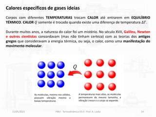 11/05/2021 FMU - Termodinâmica V3.0 - Prof. A. Lozéa 14
Calores específicos de gases ideias
Corpos com diferentes TEMPERATURAS trocam CALOR até entrarem em EQUILÍBRIO
TÉRMICO. CALOR 𝑄 somente é trocado quando existe uma diferença de temperatura Δ𝑇.
Durante muitos anos, a natureza do calor foi um mistério. No século XVII, Galileu, Newton
e outros cientistas concordavam (mas não tinham certeza) com as teorias dos antigos
gregos que consideravam a energia térmica, ou seja, o calor, como uma manifestação do
movimento molecular.
As moléculas, mesmo nos sólidos,
possuem vibração mesmo a
baixas temperaturas
A temperaturas mais altas, as moléculas
permanecem do mesmo tamanho, a
vibração cresce e o corpo se expande.
 