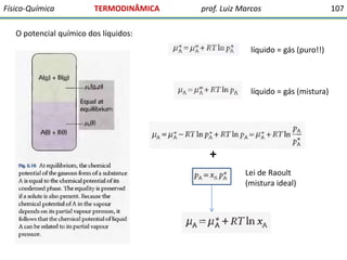 Físico-Química

TERMODINÂMICA

prof. Luiz Marcos

O potencial químico dos líquidos:
líquido = gás (puro!!)

líquido = gás (mistura)

+
Lei de Raoult
(mistura ideal)

107

 