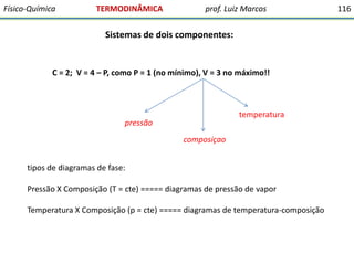 Físico-Química

TERMODINÂMICA

prof. Luiz Marcos

Sistemas de dois componentes:

C = 2; V = 4 – P, como P = 1 (no mínimo), V = 3 no máximo!!

temperatura

pressão
composiçao
tipos de diagramas de fase:

Pressão X Composição (T = cte) ===== diagramas de pressão de vapor
Temperatura X Composição (p = cte) ===== diagramas de temperatura-composição

116

 