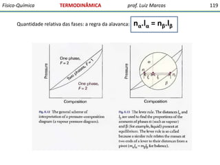 Físico-Química

TERMODINÂMICA

prof. Luiz Marcos

Quantidade relativa das fases: a regra da alavanca:

nα.lα = nβ.lβ

119

 