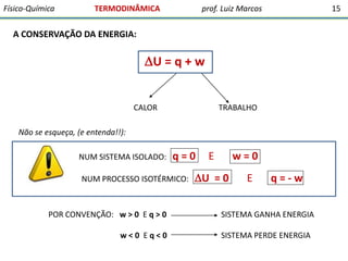 Físico-Química

TERMODINÂMICA

prof. Luiz Marcos

15

A CONSERVAÇÃO DA ENERGIA:

U = q + w

CALOR

TRABALHO

Não se esqueça, (e entenda!!):
NUM SISTEMA ISOLADO:

q=0

NUM PROCESSO ISOTÉRMICO:

POR CONVENÇÃO: w > 0 E q > 0
w<0 Eq<0

E

w=0

U = 0

E

q=-w

SISTEMA GANHA ENERGIA
SISTEMA PERDE ENERGIA

 
