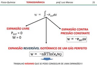 Físico-Química

TERMODINÂMICA

w=

EXPANSÃO LIVRE

PEXT = 0
W=0

prof. Luiz Marcos

∫-P

EXTdV

EXPANSÃO CONTRA
PRESSÃO CONSTANTE

w = -PEXTV

EXPANSÃO REVERSÍVEL ISOTÉRMICO DE UM GÁS PERFEITO

w = -nRTln(VF/VI)
TRABALHO MÁXIMO QUE SE PODE CONSEGUIR DE UMA EXPANSÃO!!!

21

 