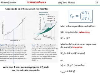 Físico-Química

TERMODINÂMICA

prof. Luiz Marcos

25

Capacidade calorífica a volume constante:

Mais sobre capacidades caloríficas:
São propriedades extensivas:
[C] = J.K-1

Mas também podem ser expressas
de maneira intensiva:
[Cm] = J.(K.mol)-1 (molar)

ou
varia com T, mas para um pequeno ΔT, pode
ser considerada constante.

[c] = J.(K.g)-1 (específica)
cágua = 4 J.(K.g)-1

 