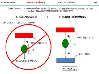 Físico-Química

TERMODINÂMICA

prof. Luiz Marcos

47

A SEGUNDA LEI DA TERMODINÂMICA É ENTÃO, SIMPLESMENTE, O RECONHECIMENTO DE QUE
NA NATUREZA EXISTEM DOIS TIPOS DE PROCESSOS:

A) OS ESPONTÂNEOS

E

B) OS NÃO-ESPONTÂNEOS

SEGUNDA LEI SEGUNDO KELVIN:

qQ
q

FONTE QUENTE

FONTE QUENTE
w’

w
qF
MÁQUINA TÉRMICA
w’ = qq + qF

FONTE FRIA

 