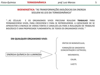 Físico-Química

TERMODINÂMICA

prof. Luiz Marcos

BIOENERGÉTICA: “AS TRANSFORMAÇÕES BIOLÓGICAS DA ENERGIA
SEGUEM AS LEIS DA TERMODINÂMICA”
“...AS CÉLULAS
E OS ORGANISMOS VIVOS PRECISAM REALIZAR TRABALHO PARA
PERMANECEREM VIVOS, PARA CRESCEREM E PARA SE REPRODUZIREM. A CAPACIDADE DE SE
APROVEITAR A ENERGIA DE VÁRIAS FONTES E CANALIZÁ-LAS PARA A REALIZAÇÃO DE TRABALHO
BIOLÓGICO É UMA PROPRIEDADE FUNDAMENTAL DE TODOS OS ORGANISMOS VIVOS. ”

EM QUALQUER ORGANISMO VIVO:
SÍNTESE DE BIOMOLÉCULAS;
FORMAÇÃO DE GRADIENTES
(CONCENTRAÇÃO E ELÉTRICOS);

ENERGIA QUÍMICA OU LUMINOSA

MOVIMENTO;
CALOR;
LUZ(??)

5

 