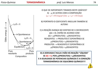 Físico-Química

TERMODINÂMICA

prof. Luiz Marcos

O QUE DE IMPORTANTE TIRAMOS DESTE GRÁFICO?
A) J SE ALTERA COM A COMPOSIÇÃO
( = o + RT.ln(p/po) OU  = o + RT.ln(a))
B) PORTANTO O COEFICIENTE ANGULAR TAMBÉM SE
ALTERA!
C) A REAÇÃO AVANÇA NO SENTIDO DE G DECRESCENTE
(∆G < 0). ENTÃO DE ACORDO COM
∆G = (PRODUTOS) - (REAGENTES):
REAGENTES  PRODUTOS É ESPONTÂNEA SE
(PRODUTOS) < (REAGENTES)
PRODUTOS  REAGENTES É ESPONTÂNEA SE
(PRODUTOS) > (REAGENTES)
D) A DERIVADA É NULA E NÃO HÁ REAÇÃO “LÍQUIDA”
SE ∆G = 0, POIS (PRODUTOS) = (REAGENTES)
E A IGUALDADE DE POTENCIAIS QUÍMICOS É A CONDIÇÂO
TERMODINÂMICA DE EQUILÍBRIO QUÍMICO!!!!

74

 