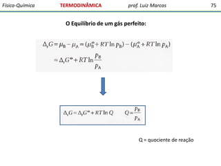 Físico-Química

TERMODINÂMICA

prof. Luiz Marcos

O Equilíbrio de um gás perfeito:

Q = quociente de reação

75

 